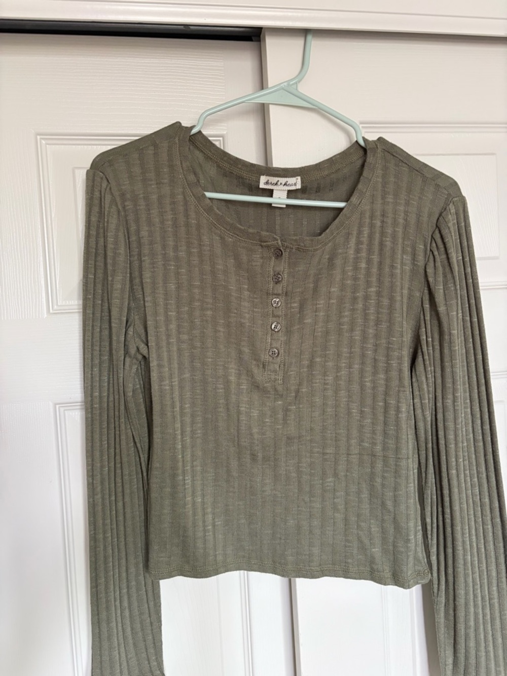 Woven Heart Olive Ribbed Henley Long Sleeve Top